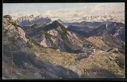 Künstler-AK Edward Theodore Compton: Rotwandhaus, Ansicht mit Umgebung aus der Vogelschau