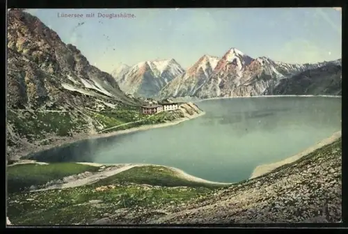 AK Douglashütte am Lünersee, Berghütte und See, Panorama
