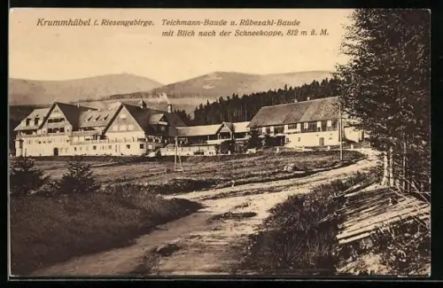 AK Krummhübel i. Riesengebirge, Berghotel Teichmann-Baude u. Rübezahl`s Schnurrbart-Baude