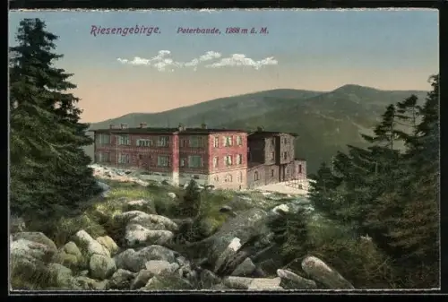 AK Peterbaude inmitten der Riesengebirgslandschaft