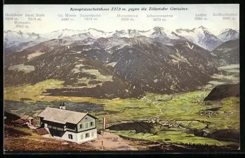 AK Brunecker-Haus / Kronplatzschutzhaus, Gesamtansicht mit Zillertaler Gletscher