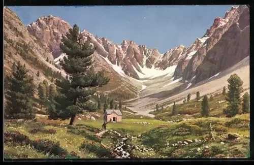 Künstler-AK Rudolf Reschreiter: Verpeilhütte, Ansicht der Berghütte mit dem umliegenden Gebirge