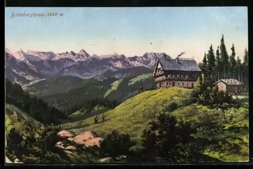 AK Blomberghaus, Wanderer vor dem Haus