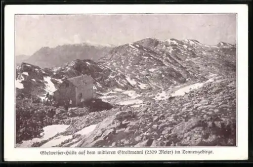 AK Edelweisser-Hütte im Tennengebirge, Berghütte auf dem Streitmannl