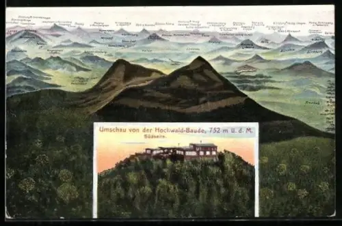 AK Hochwald-Baude, Blick auf die Südseite der Baude, Berglanschaft