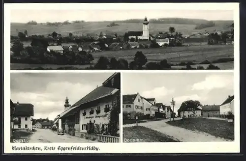 AK Mariakirchen /Kreis Eggenfelden, Baugeschäft J. Griesberger, Dorfplatz, Teilansicht mit Kirche