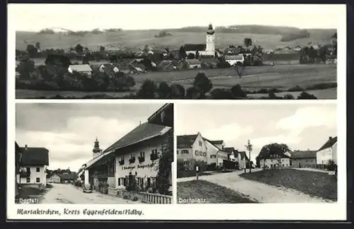 AK Mariakirchen /Kreis Eggenfelden, Baugeschäft J. Griesberger, Dorfplatz, Teilansicht mit Kirche