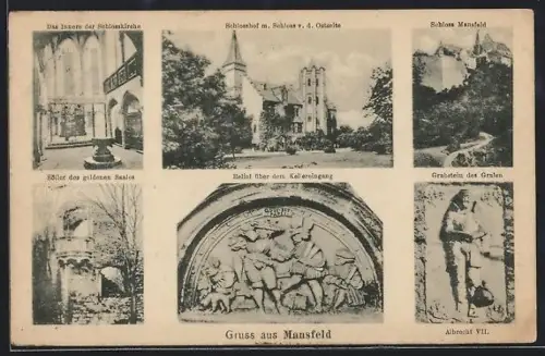 AK Mansfeld, Schlosshof mit Schloss von der Ostseite gesehen, Grabstein des Grafen, Söller des goldenen Saales