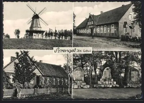 AK Sprengel /Soltau, Windmühle, Gasthaus, Bes. W. Küsel, Kriegerdenkmal, Schule
