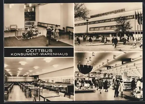 AK Cottbus, Konsument-Warenhaus, Innenansichten, Restaurant, Verkaufsraum