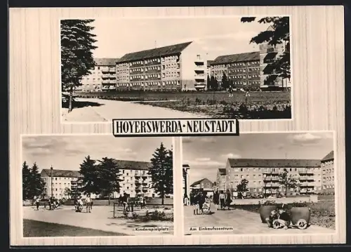 AK Hoyerswerda /Neustadt, Kinderspielplatz, Einkaufszentrum, Wohnhäuser