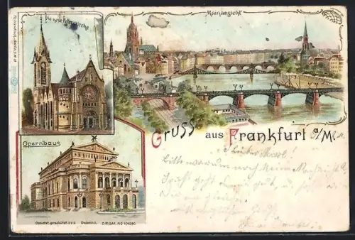 Lithographie Frankfurt a /M., Mainansicht, Opernhaus, neue Peterskirche