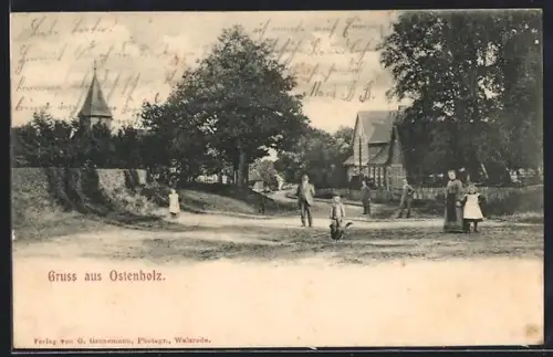 AK Ostenholz, Dorfstrasse mit Kirche und Wohnhäusern