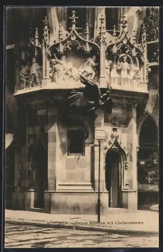 AK München, Neues Rathaus mit Lindwurmecke