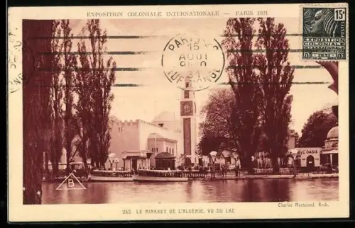 AK Paris, Exposition coloniale internationale 1931, Le Minaret de l`Algerie, vu du lac