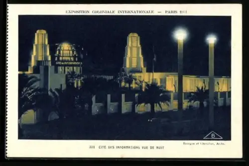 AK Paris, Exposition coloniale internationale 1931, Cité des Informations, vue de nuit
