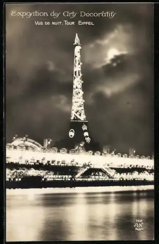 AK Paris, Exposition des Arts décoratifs 1925, Tour Eiffel vue de nuit