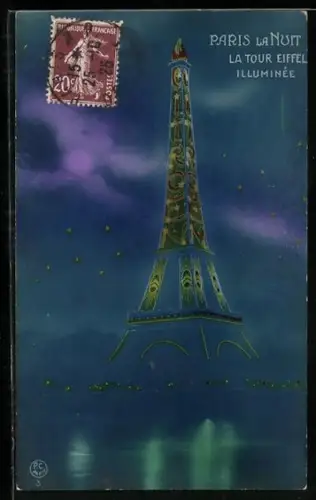 AK Paris, Exposition des Arts décoratifs 1925, La Tour Eiffel Illuminée