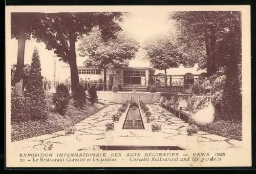 AK Paris, Exposition des Arts décoratifs 1925, Le Restaurant Corcelet et les jardins