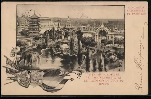 AK Paris, Exposition universelle de 1900, Le Palais du Costume, le Palais Lumineux et le Panorama du Tour du Monde