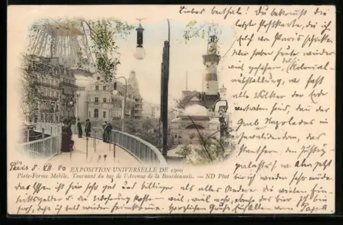 AK Paris, Exposition universelle de 1900, Plate-Forme Mobile, Tournant du bas de l`Avenue de la Bourdonnais