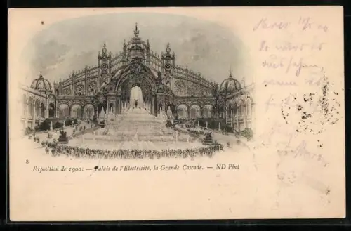 Künstler-AK Paris, Exposition universelle de 1900, Palais de l`Electricité, la Grande Cascade