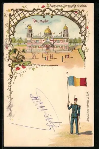 Lithographie Paris, Exposition universelle de 1900, Palais de Roumanie, soldat, drapeau