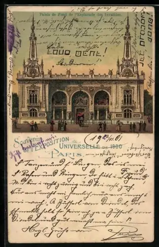 Lithographie Paris, Exposition universelle de 1900, Palais de Fond de l`Esplanade des Invalides