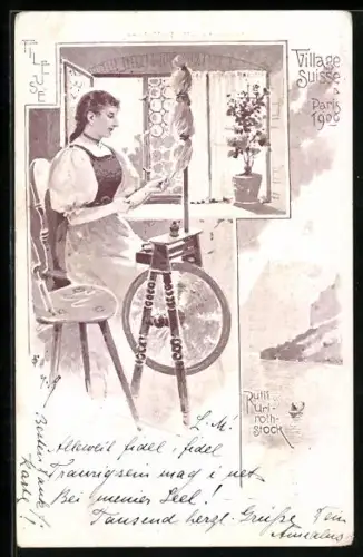 Künstler-AK Paris, Exposition universelle de 1900, Village Suisse, Fileuse, Uri-Rothstock
