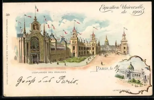 Lithographie Paris, Exposition universelle de 1900, L`Esplanade des Invalides, Le Petit Palais