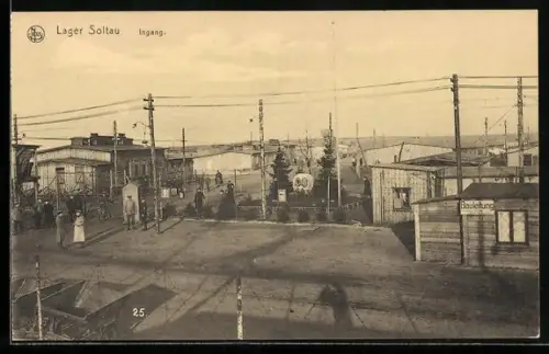 AK Lager Soltau, Kriegsgefangenenlager, Eingang des Lagers, rechts Gebäude der Bauleitung
