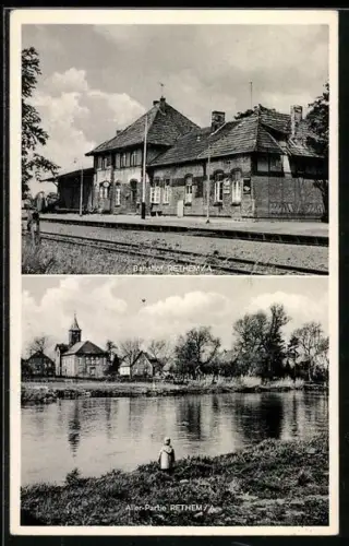 AK Rethem /A., Bahnhof und Aller-Partie