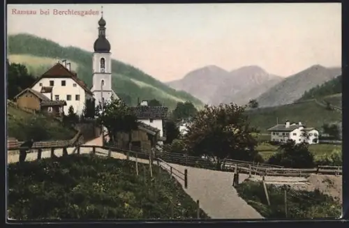 AK Ramsau bei Berchtesgaden, Kirche und Dorfansicht