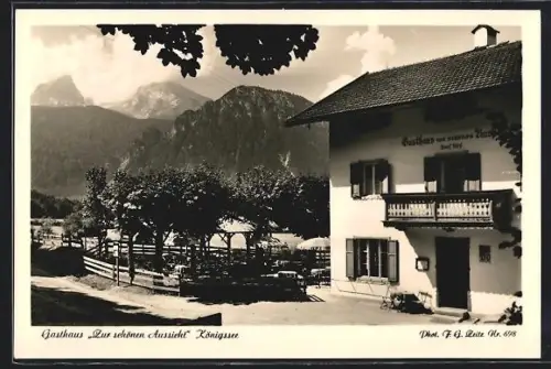 AK Berchtesgaden-Königssee /Obb., Gasthaus Zur schönen Aussicht, Inh. J. u. J. Hölzl, Watzmann, Hochkalter