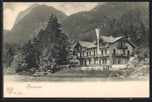 AK Ramsau bei Berchtesgaden, Hintersee, Hotel am Seeufer und Bergpanorama