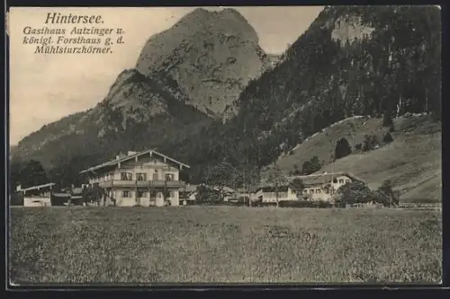 AK Ramsau bei Berchtesgaden, Hintersee, Gasthaus Autzinger, königl. Forsthaus, Mühlsturzhörner