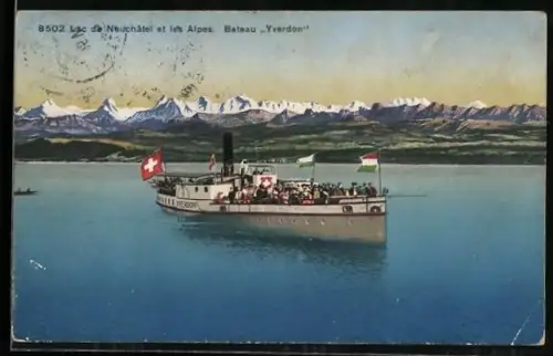 AK Raddampfer Yverdon auf dem Neuenburger See vor Alpenpanorama