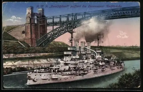 AK Linienschiff SMS Deutschland passiert die Levensauer Hochbrücke, Kriegsschiff