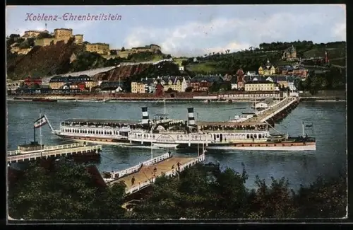 AK Raddampfer Kaiserin Auguste Victoria passiert die Rhein-Schiffsbrücke bei Koblenz-Ehrenbreitstein