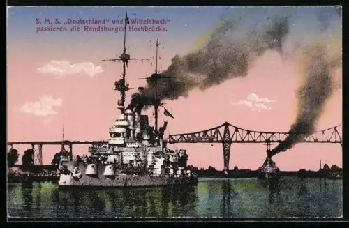 AK Rendsburg, Kriegsschiffe S.M.S. Deutschland und Wittelsbach passieren die Hochbrücke