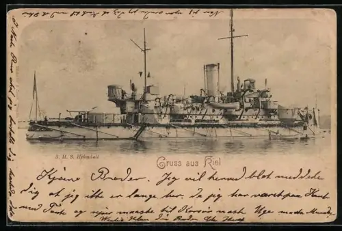 AK Kiel, Küstenpanzerschiff S.M.S. Heimdall in der Förde vor Anker liegend