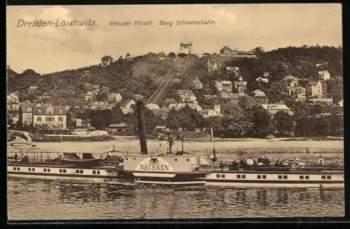 AK Dresden-Loschwitz, Raddampfer Dresden auf der Elbe vor der Berg-Schwebebahn und Ortsteil Weisser Hirsch