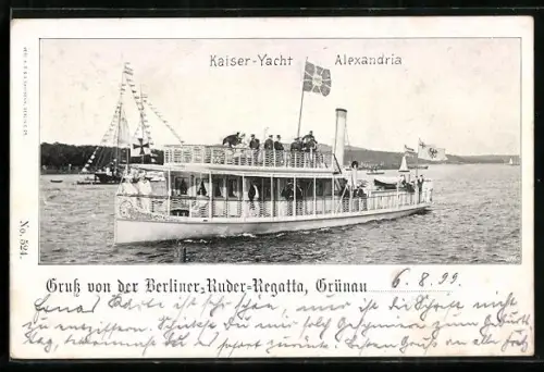 AK Grünau, Berliner Ruder-Regatta, Kaiser-Yacht Alexandria mit gesetzter Standarte