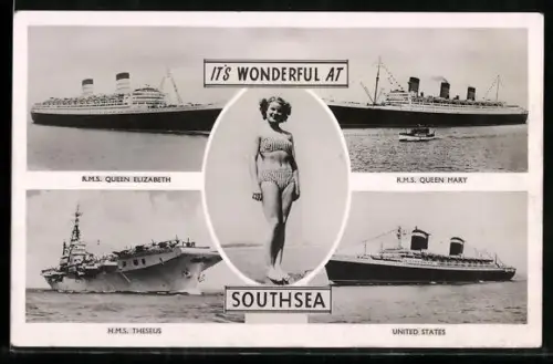 AK Southsea, Flugzeugträger H.M.S. Theseus, junge Frau in Bademode