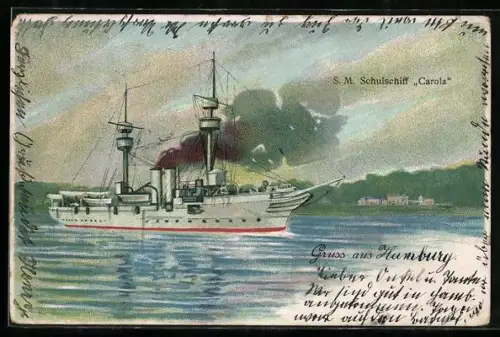 Lithographie S.M. Schulschiff Carola des Ostasiengeschwaders unter Dampf