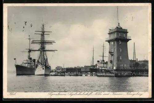 AK Kiel, Kreuzer Königsberg und Segelschulschiff Niobe am Signalturm