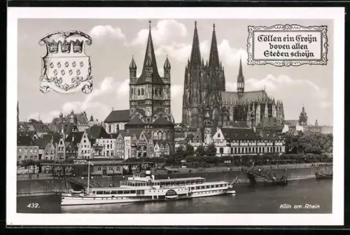AK Köln, Rheindampfer Schiller im Hafen, Dom, St. Martin und Stapelhaus