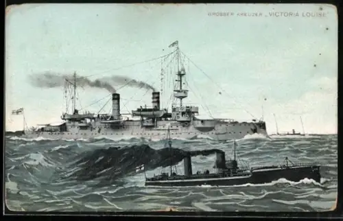 AK Grosser Kreuzer Victoria Louise in Verbandsfahrt mit Torpedoboot, Kriegsschiff