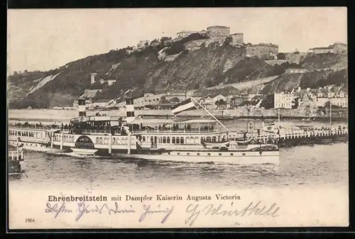 AK Ehrenbreitstein, Dampfer Kaiserin Augusta Victoria passiert die Schiffsbrücke