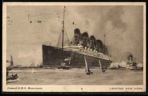AK Passagierschiff R.M.S. Mauretania der Cunard Line läuft aus dem Hafen von New York aus